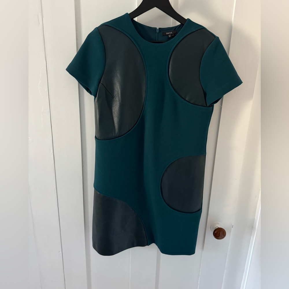 Raoul Minimal Grunge Glam Jersey Leather Dot Shift Short Sleeve Mini Dress